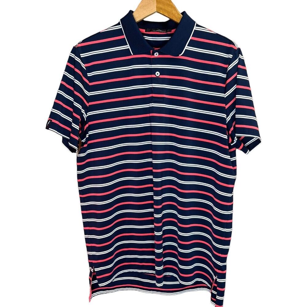 RLX Ralph Lauren Short Sleeve Polo Shirt Blue Pink & White Striped Golf Large